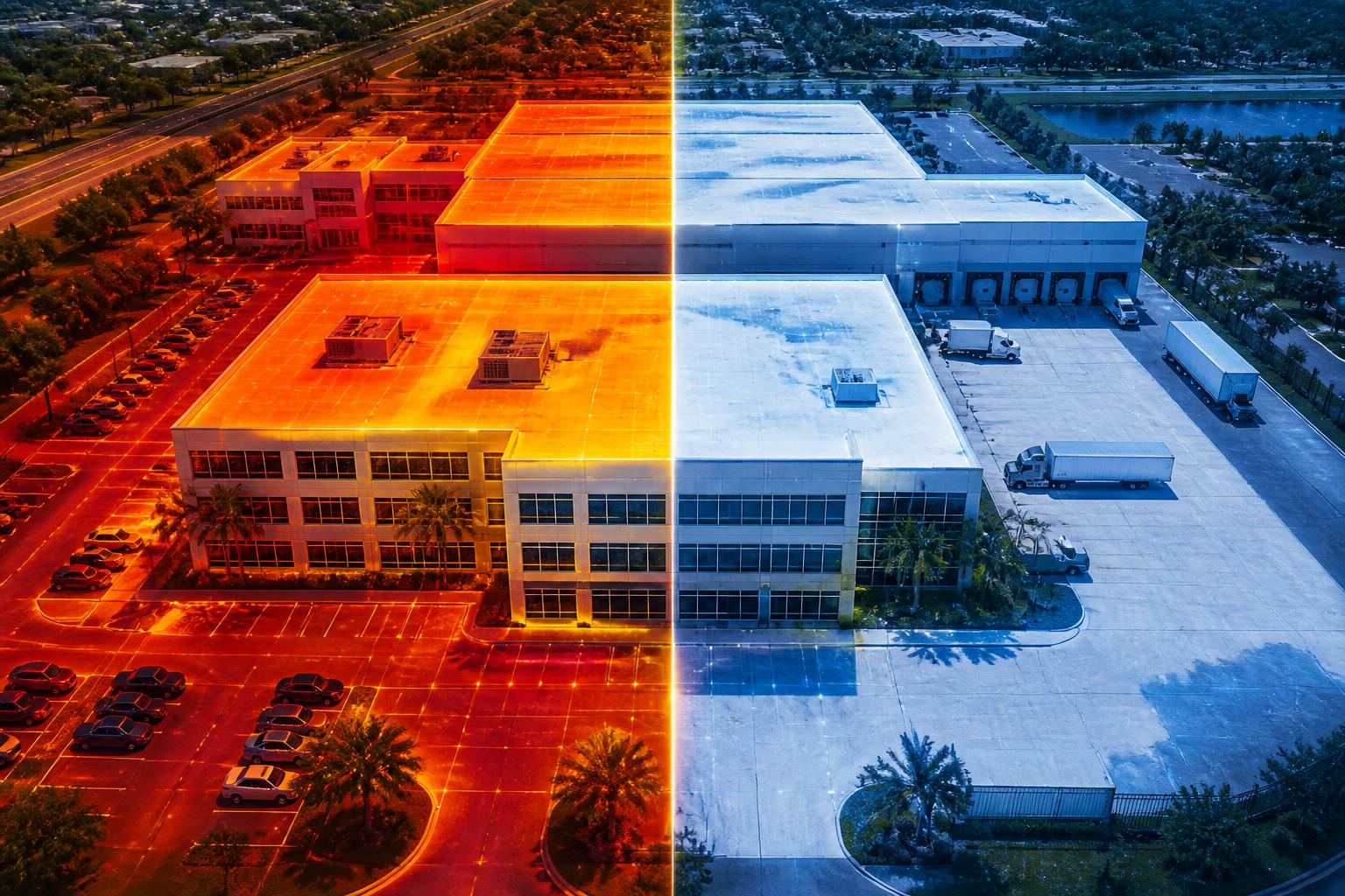 Aerial view of a commercial property with a split thermal overlay showing heat exposure on the left and CoolCrete-treated cool surfaces on the right
